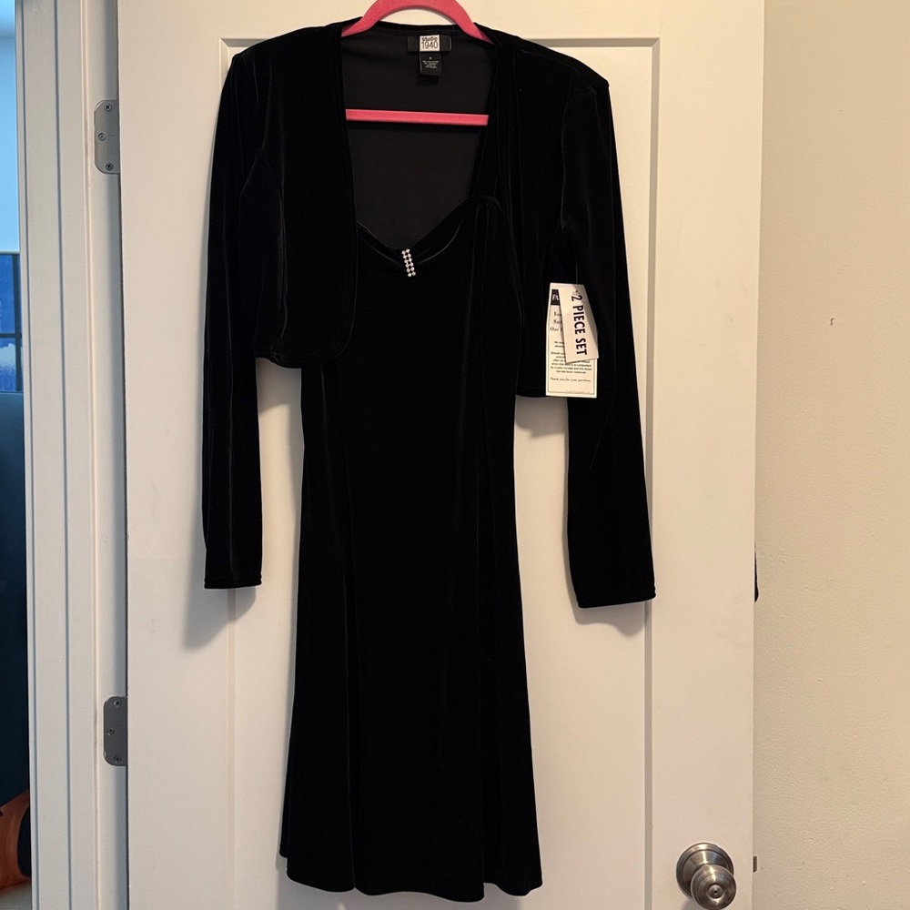 Studio 1940 Black Velvet Mini Dress with Matching Shrug Long Sleeve